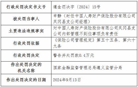 国寿财险4家支公司被罚：涉及未按规定计提已报案未决赔款责任准备金 内部管理不到位等