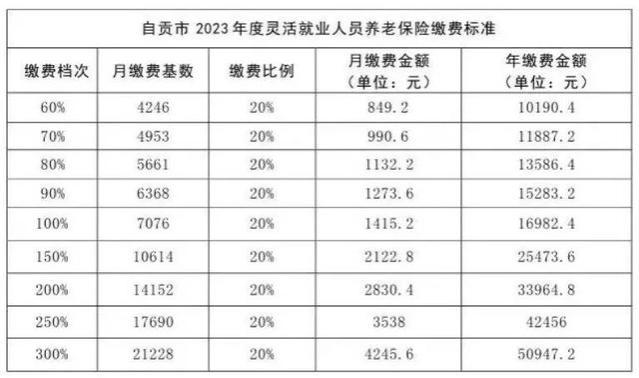 四川各地灵活就业养老保险缴费档次一览表