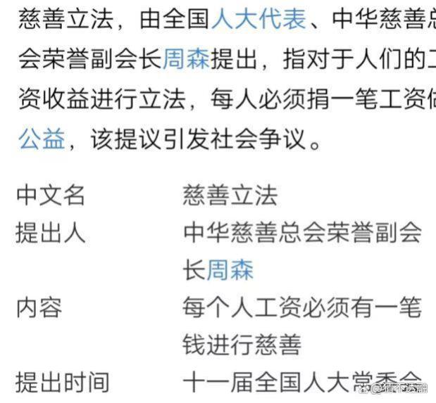 人大代表周森提议：强制每个公民捐出自己的一部分工资用于做公益