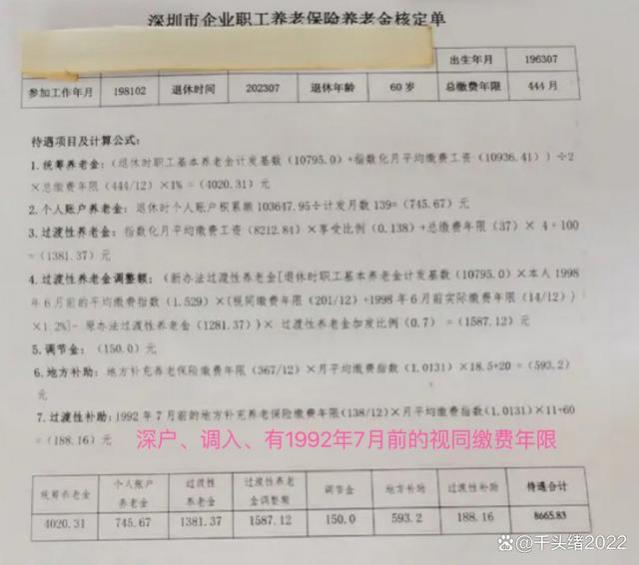 2023年7月深圳退休，养老金核定8665元，怎么计算出来的？