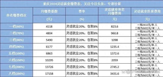 2024重庆灵活就业缴费表，分钟养老金待遇和医保一二档区别