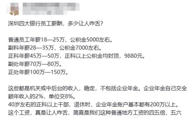 深圳四大银行员工薪酬曝光！网友：有点离谱了！